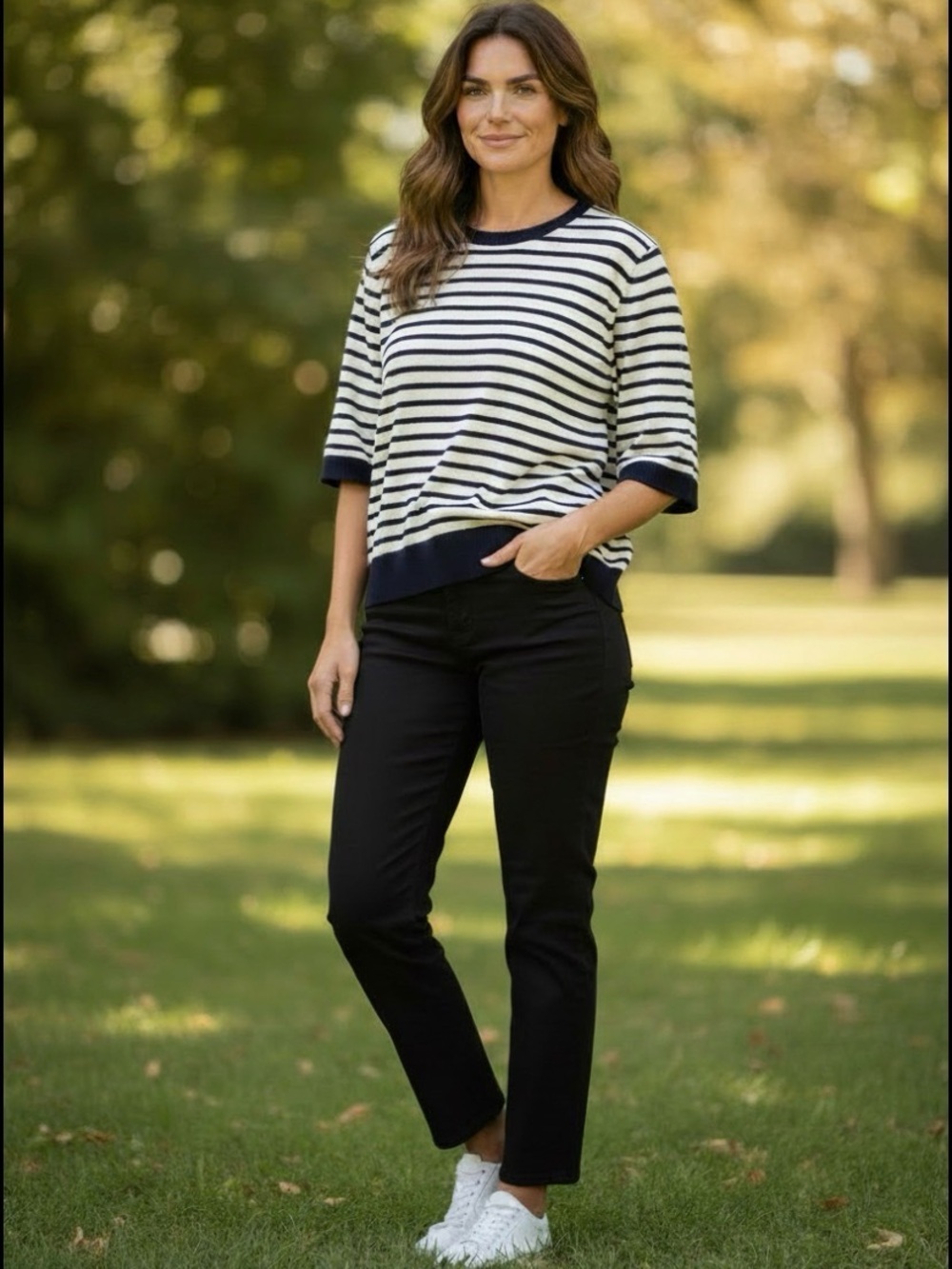 Divided Navy and White Striped Short Sleeve Sweater